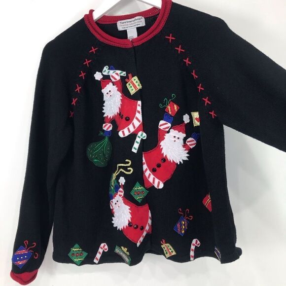 Tiara International Christmas Collection 2004 Black Red Santa Appliqué Cardigan - Picture 6 of 16